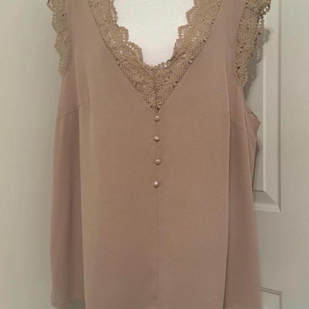 Tan Blouse with Crochet Lace Trim